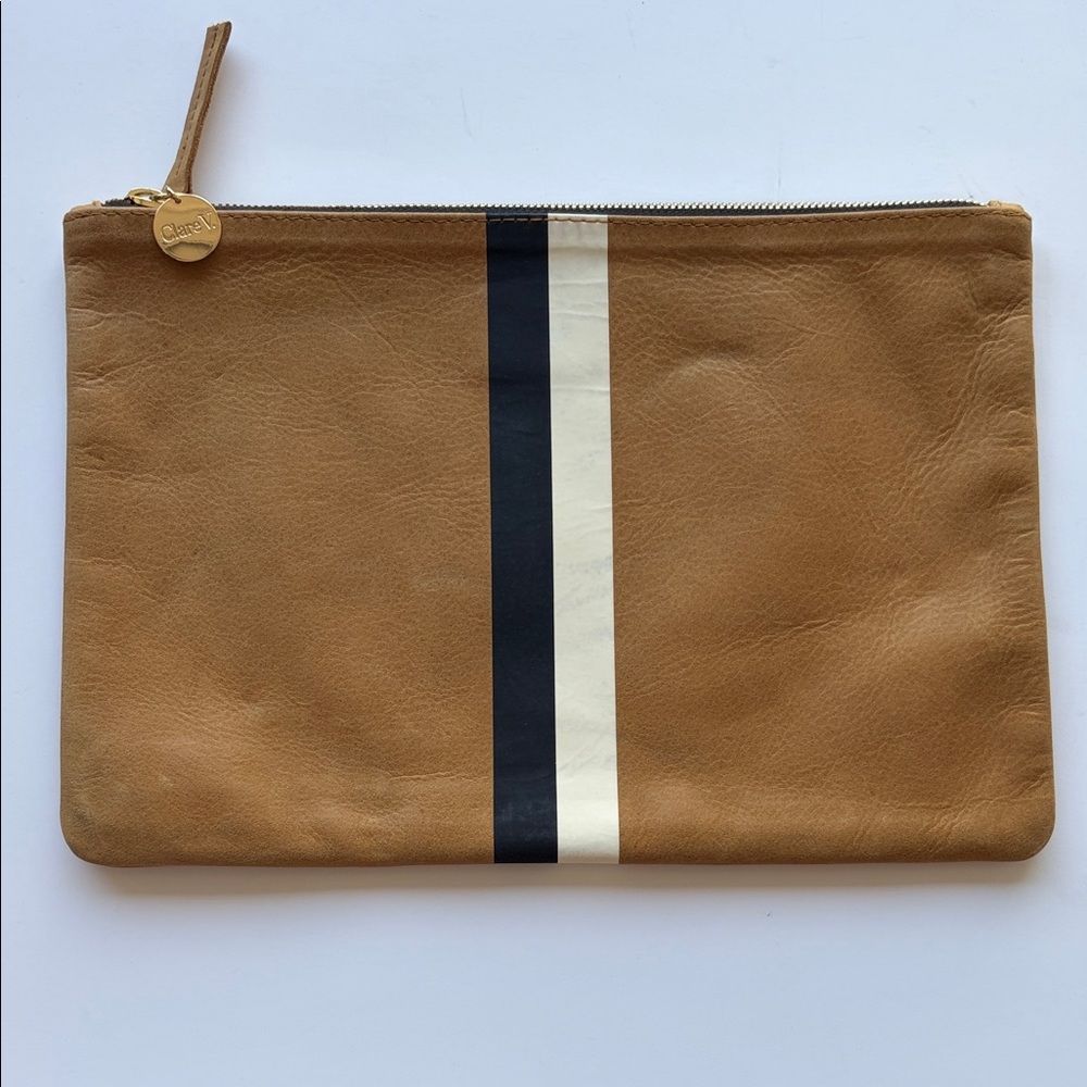 Clare V. Flat Leather Zip Clutch Pouch in Tan with Black and Cream Stripe